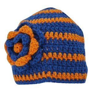 Women’s Homemade Hand Crocheted Orange and Blue Flower Beanie Winter Hat